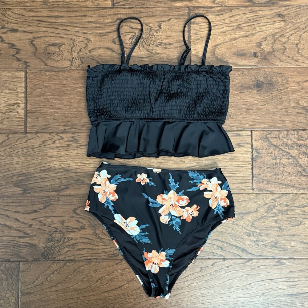 CUPSHE Bikini Set Smocked Ruffle Tropical Floral High Waisted Casual Size Medium